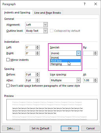 set left and right tab in word version 15 for mac